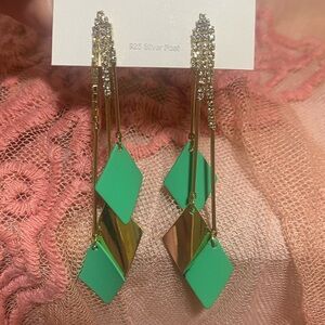Modern Geometric Rhombus Dangle Earrings – Green & Gold Multi-Tiered